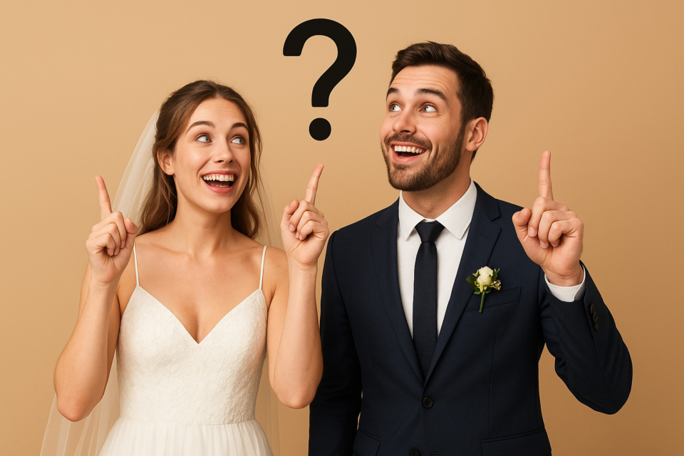 Smiling wedding couple pointing upwards to a question mark. questions to ask your wedding DJ